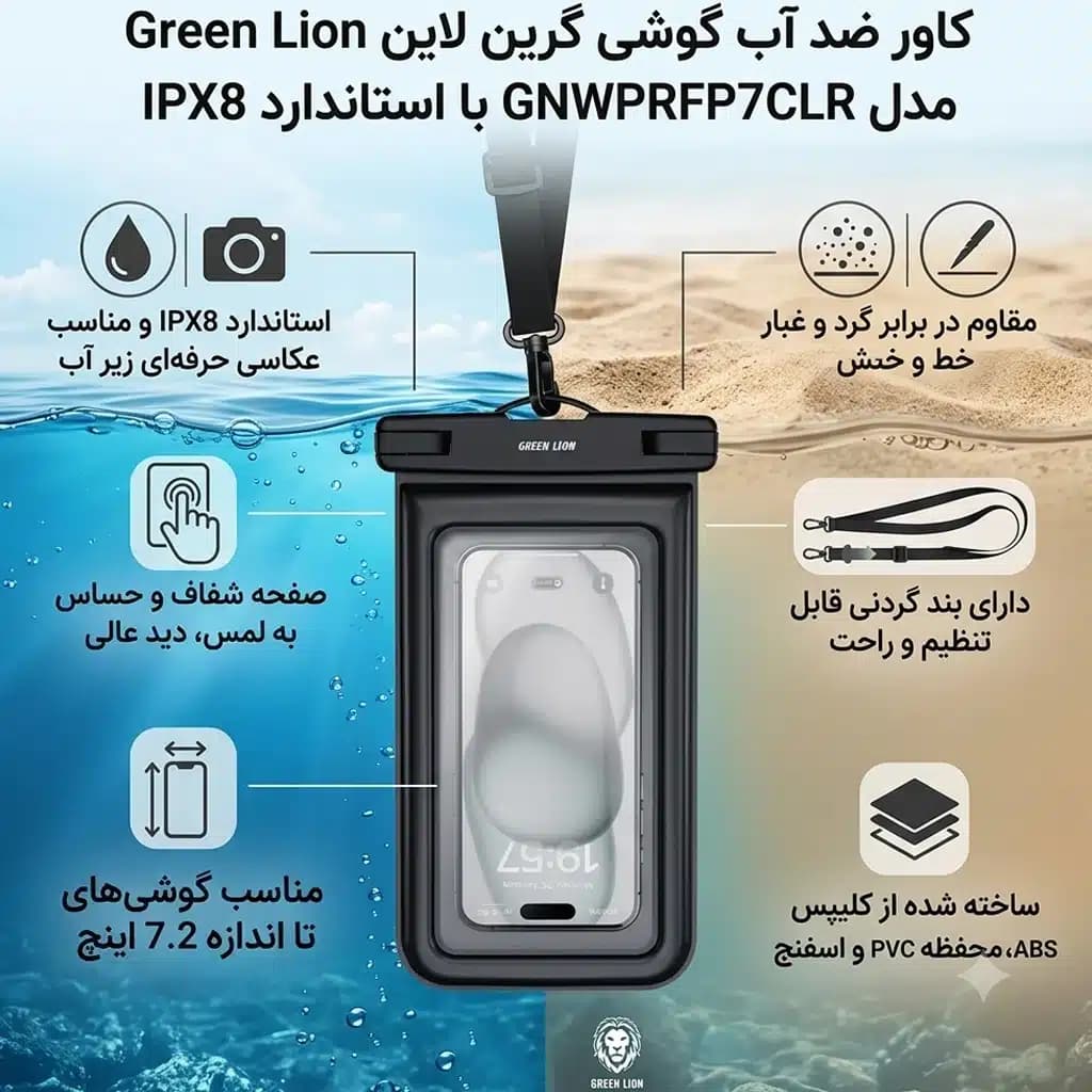 کیف ضد آب گوشی گرین لاین Green Lion مدل GNWPRFP7CLR استاندارد IPX8 — تصویر ۳