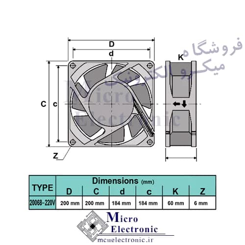 فن بلبرینگی 220v 20×20 قطر 6.8 20 در 20 — تصویر ۲