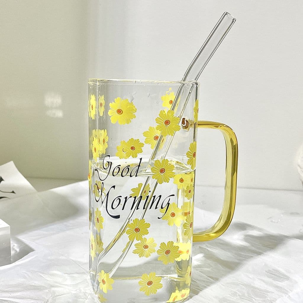 لیوان پیرکس good morning طرح گل مدل درب بامبو کد m224 — تصویر ۳
