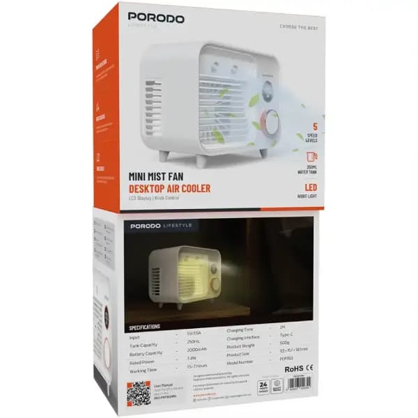 پنکه رومیزی مهپاش شارژی پرودو مدل Porodo Lifestyle Mini Mist Fan Desktop Air Cooler PDF853WH — تصویر ۴