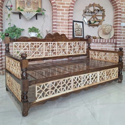 تخت سنتی طرح شاهنشین چوب روسی دو رنگ مبلمان فرنا مدل 1142358