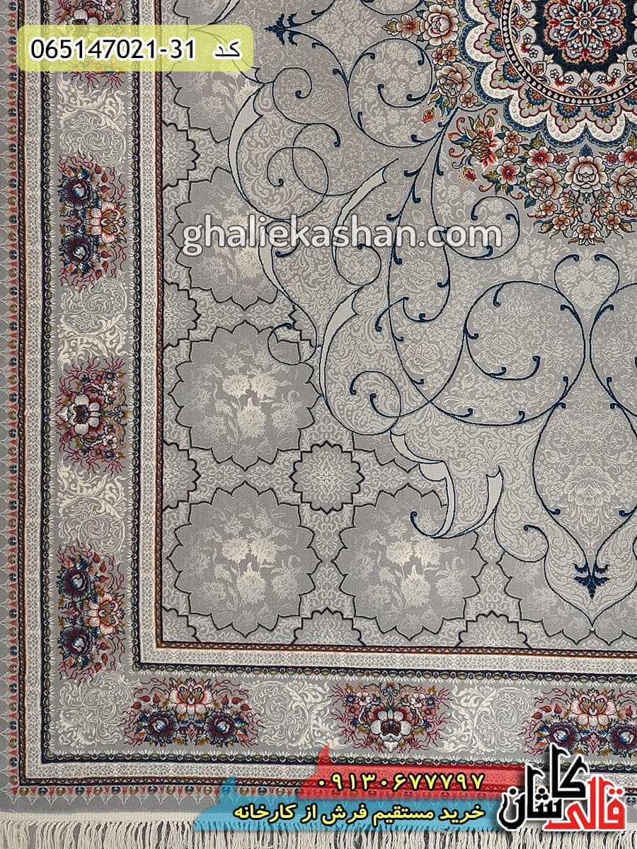 فرش 700 شانه طرح چکاوک رخسار زمینه نقره ای کاشان — تصویر ۲