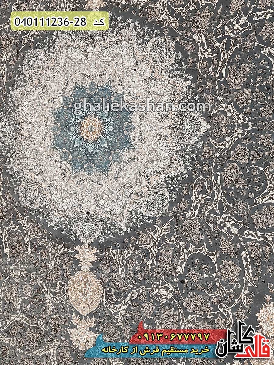 فرش طلاکوب 1200 شانه طرح آریانا زمینه زغالی کاشان – گل برجسته — تصویر ۲