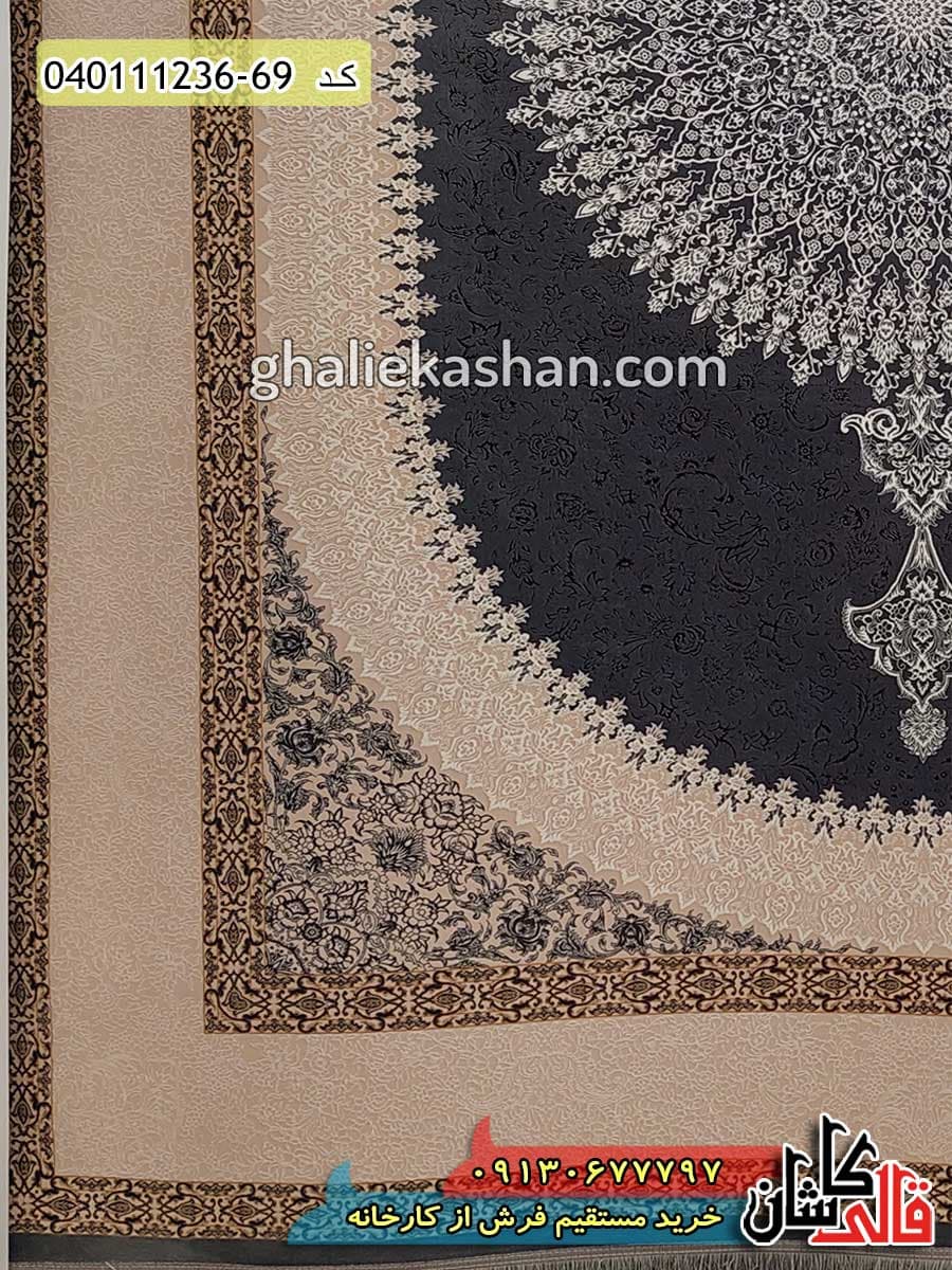 فرش طلاکوب 1200 شانه طرح مروارید زمینه متالیک کاشان – گل برجسته — تصویر ۳