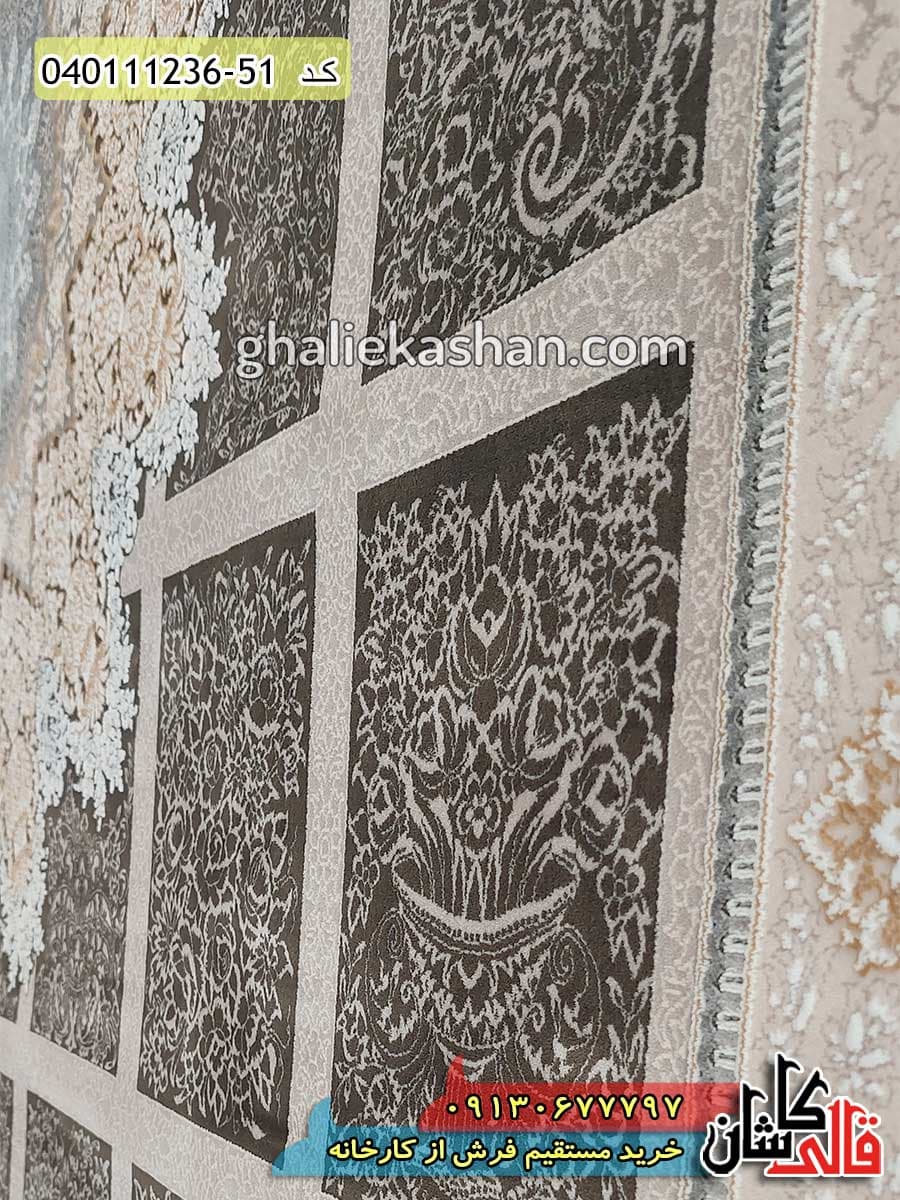 فرش طلاکوب 1200 شانه خشتی طرح ریحان زمینه زغالی کاشان – گل برجسته — تصویر ۴