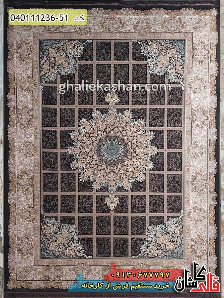 فرش طلاکوب 1200 شانه خشتی طرح ریحان زمینه زغالی کاشان – گل برجسته — تصویر ۲