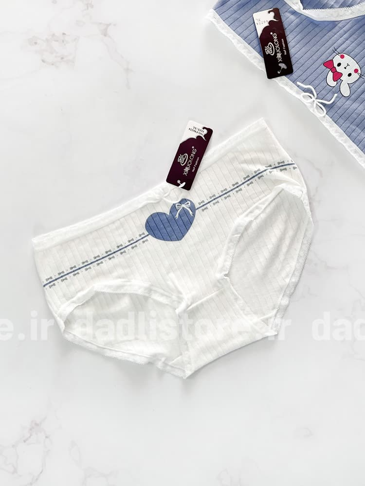 شورت اسلیپ نخ پنبه عروسکی سفید آبی طرح خرس و قلب — تصویر ۳