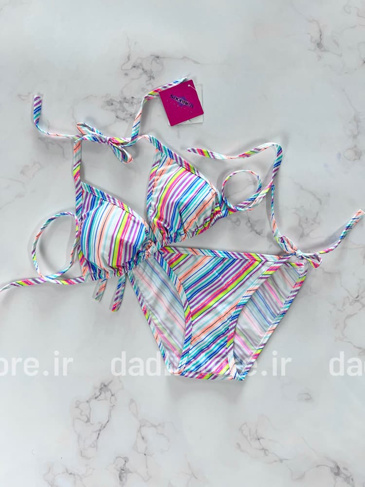 بیکینی با کاپ متحرک طرح راه راه رنگی نقره ای براق