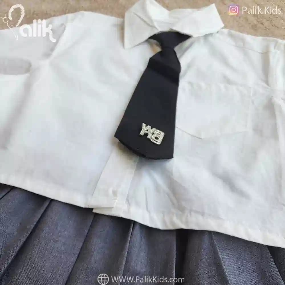 ست بلوز دامن دخترانه 9862 پرادا سفید طوسی — تصویر ۲