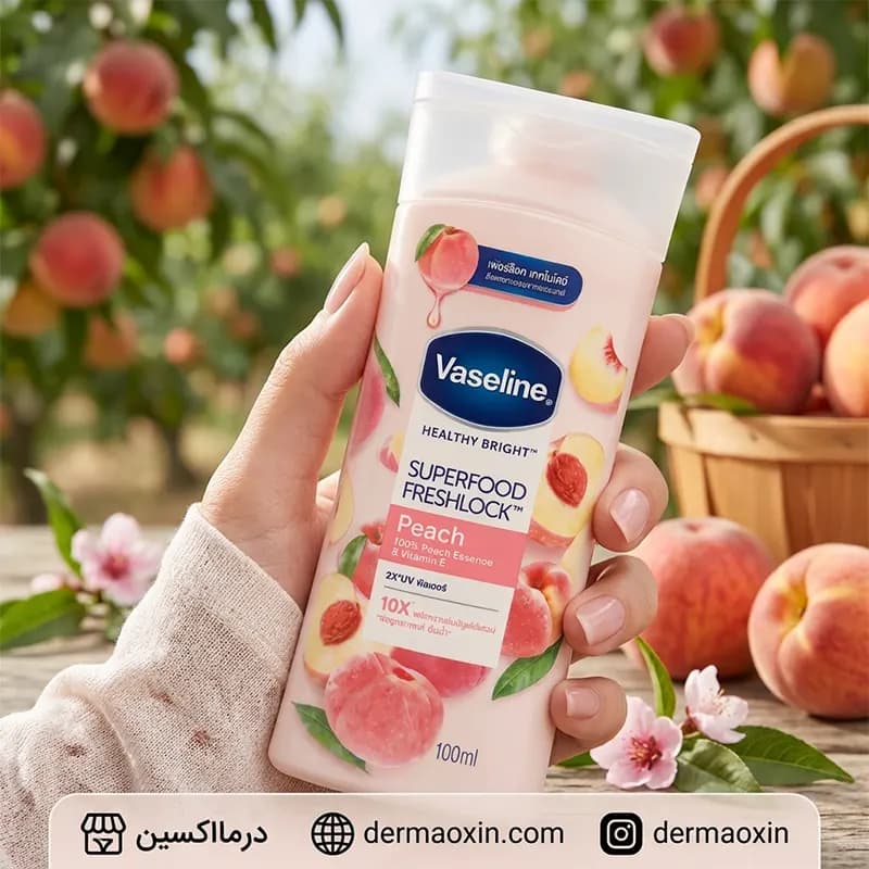لوسیون روشن کننده بدن وازلین عصاره هلو مدل Superfood حجم 100 میلی لیتر — تصویر ۳