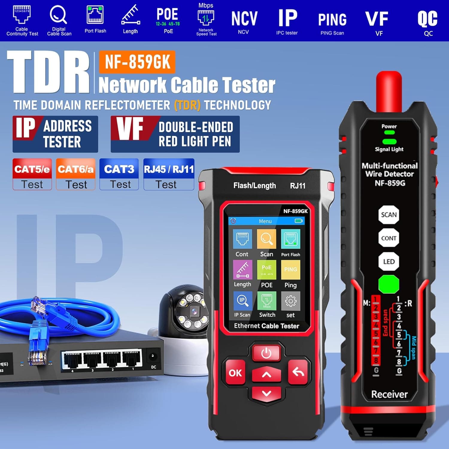 تستر شبکه NOYAFA NF-859GK | تستر کابل، PoE، PING و VFL — تصویر ۸