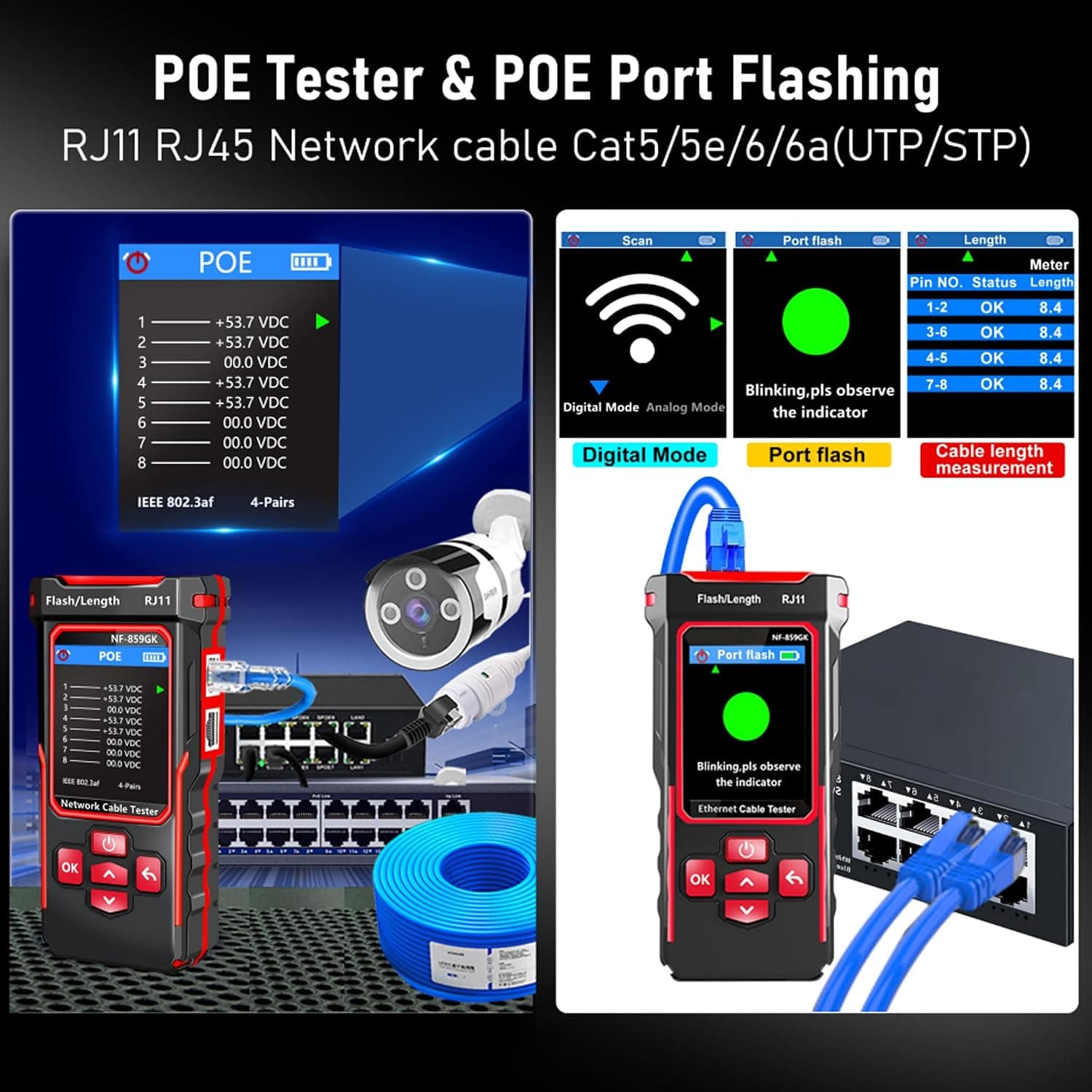 تستر شبکه NOYAFA NF-859GK | تستر کابل، PoE، PING و VFL — تصویر ۳