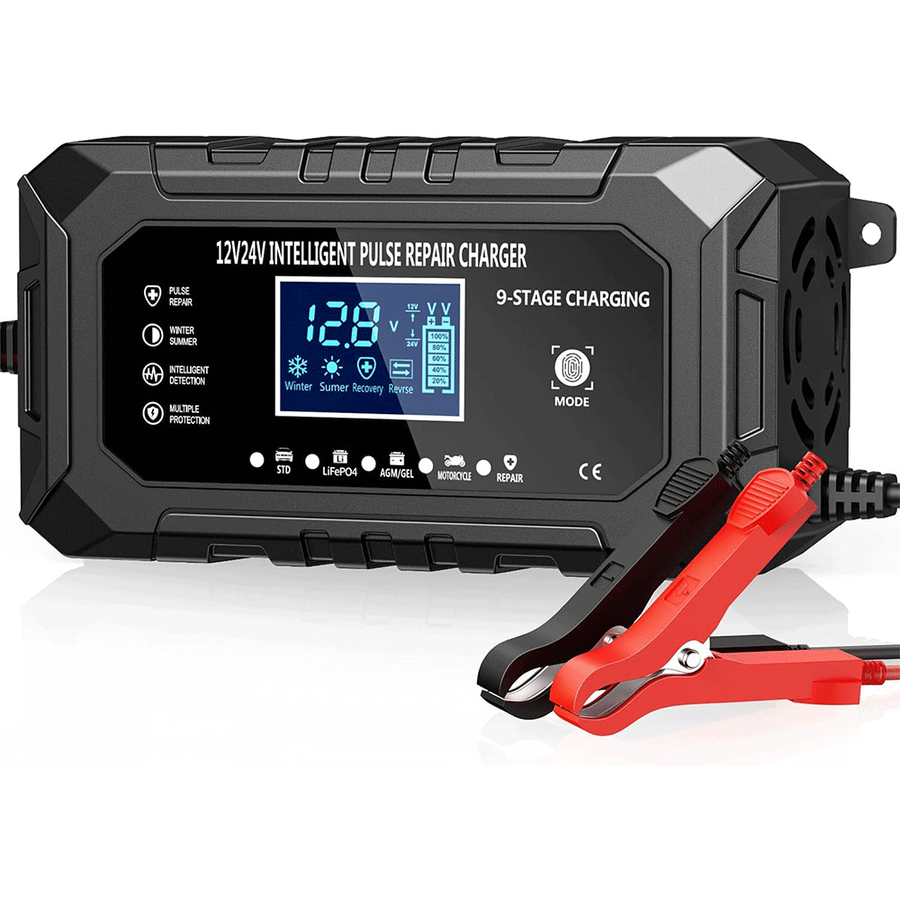 شارژر باتری هوشمند Husgw 15A مدل 12V/24V با نمایشگر LCD و شارژ 9 مرحلهای (کارتن معیوب)