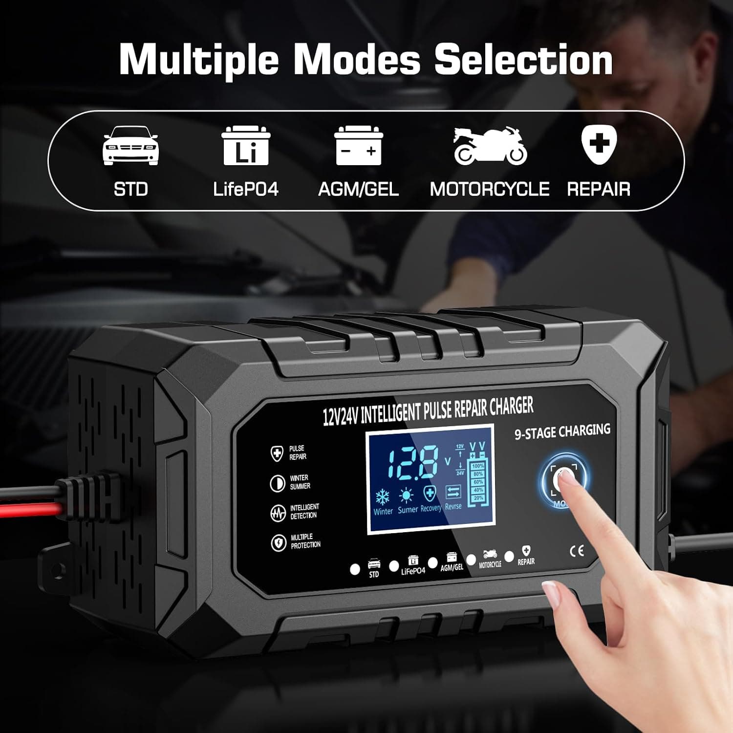 شارژر باتری هوشمند Husgw 15A مدل 12V/24V با نمایشگر LCD و شارژ 9 مرحله‌ای (کارتن معیوب) — تصویر ۵