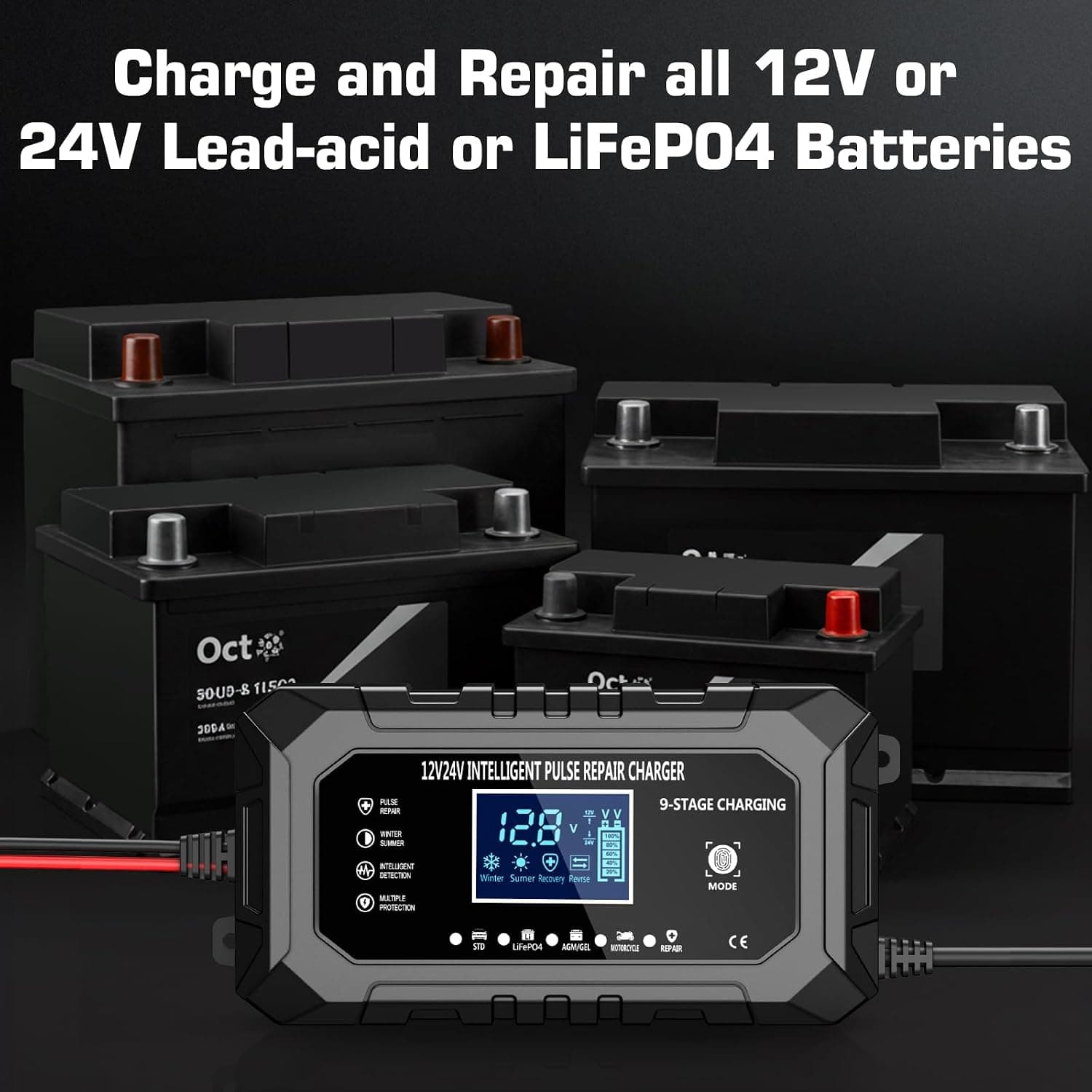 شارژر باتری هوشمند Husgw 15A مدل 12V/24V با نمایشگر LCD و شارژ 9 مرحله‌ای (کارتن معیوب) — تصویر ۳