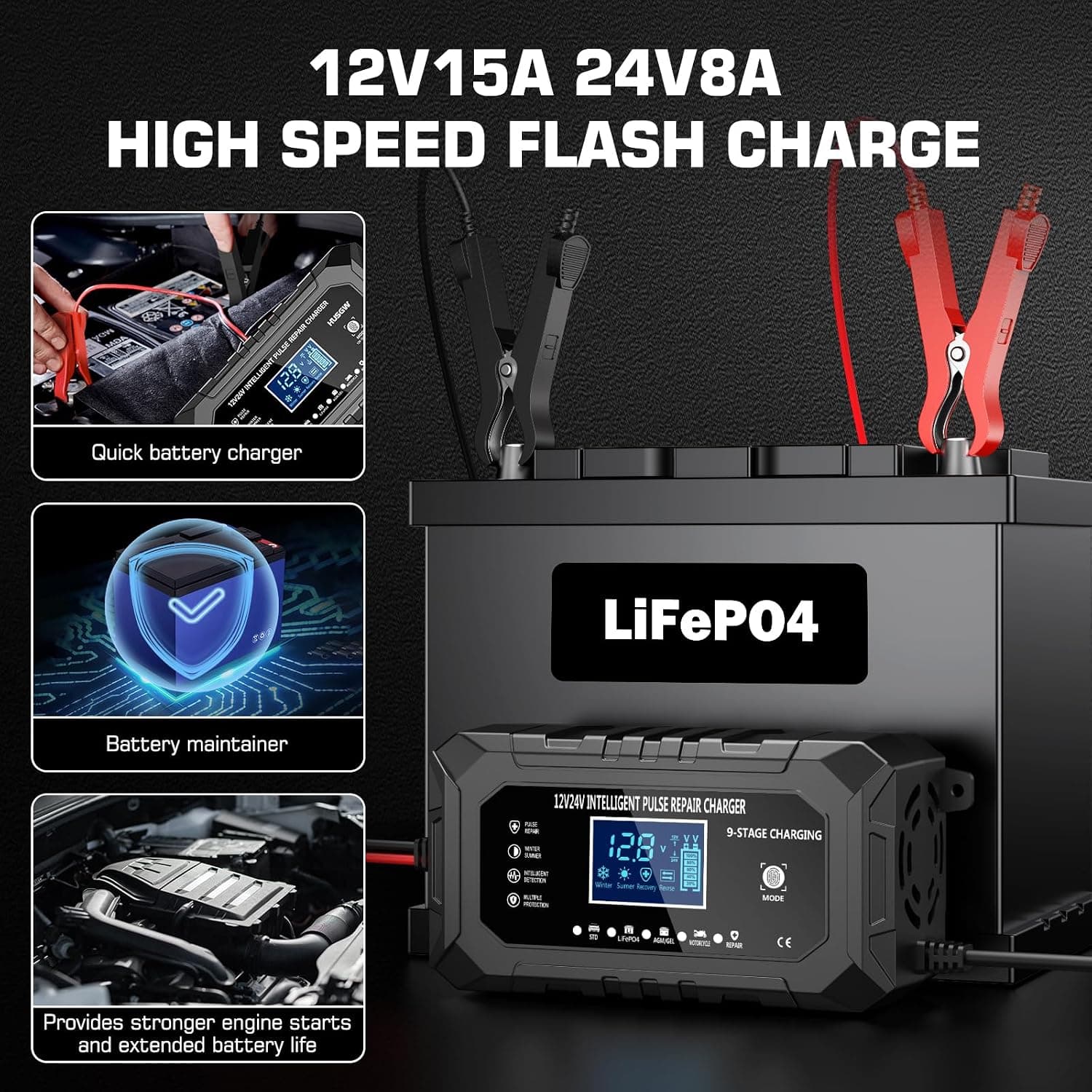 شارژر باتری هوشمند Husgw 15A مدل 12V/24V با نمایشگر LCD و شارژ 9 مرحله‌ای (کارتن معیوب) — تصویر ۴
