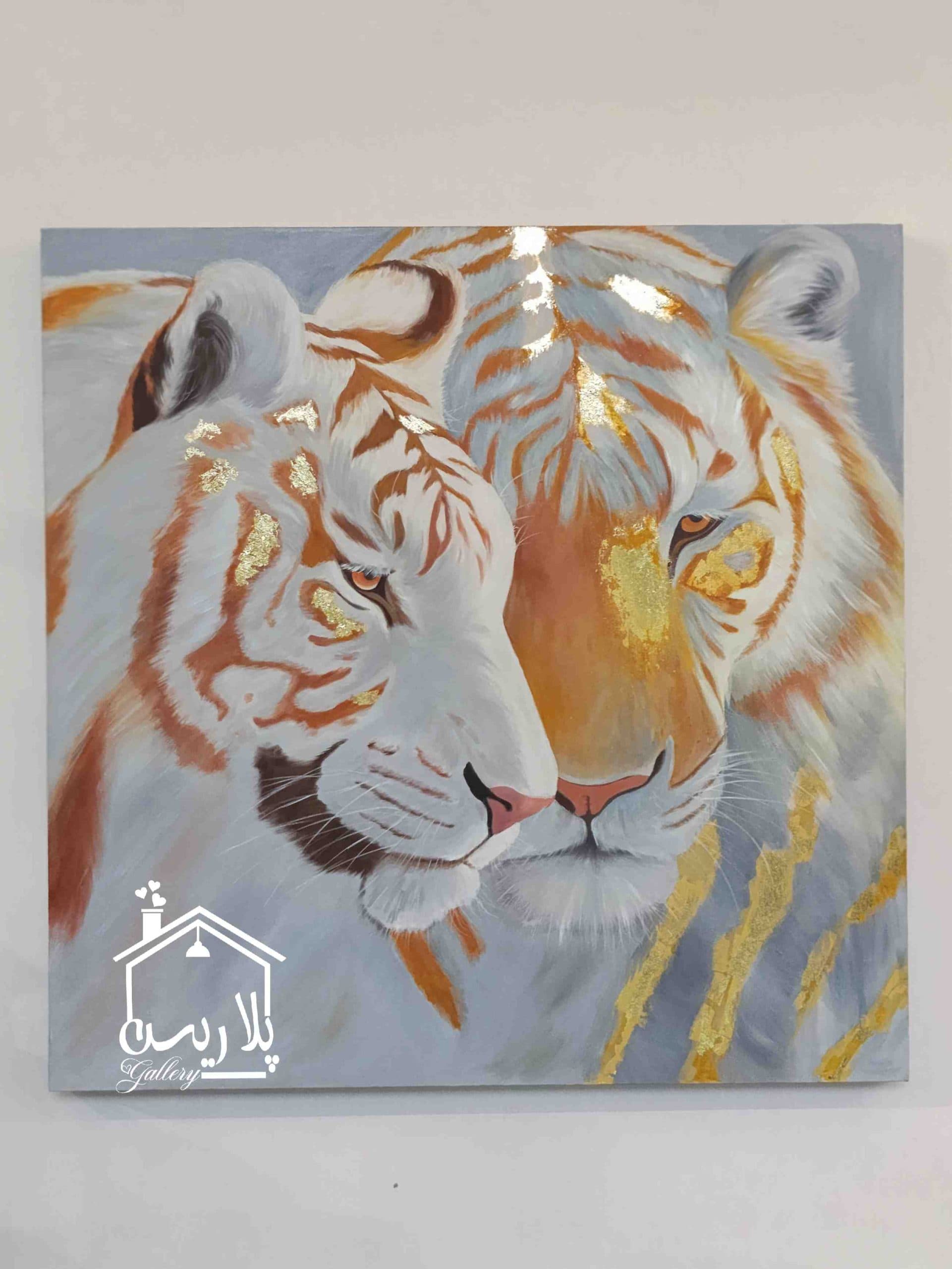 تابلو رنگ روغن و ورق طلا زوج ببر 90*90 سانت — تصویر ۵