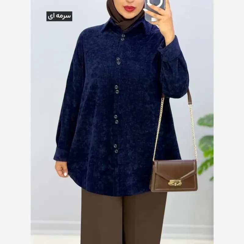 شومیز مخمل کبریتی دکمه دوبل فری سایز مناسب سایز بزرگ — تصویر ۶