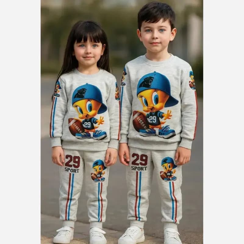 بلوز و شلوار بچگانه طرح تویتی جنس ملانژ سایز 40 و 45 — تصویر ۵
