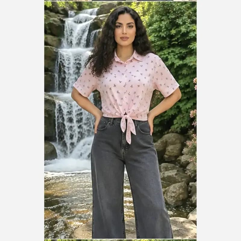 شومیز گره ای چاپی پاپیونی جنس پری صابونی شیشه ای فری سایز — تصویر ۳