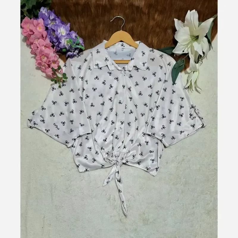 شومیز گره ای چاپی پاپیونی جنس پری صابونی شیشه ای فری سایز — تصویر ۷