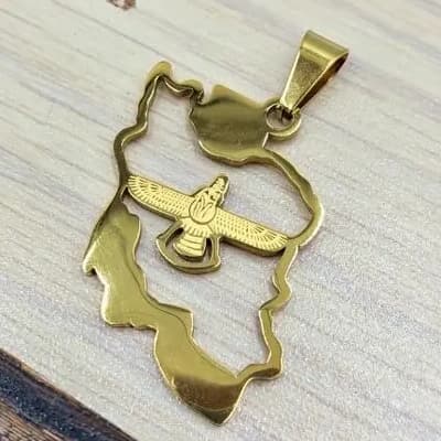 گردنبند و آویز پلاک استیل طرح نقشه ایران توخالی و نماد فروهر ضد حساسیت رنگ ثابت کد dmp