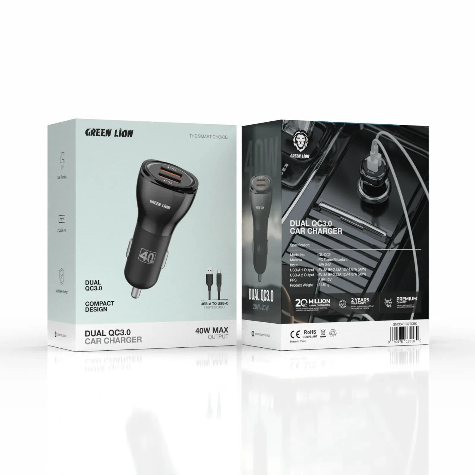شارژر فندکی دو پورت گرین لاین مدل Dual ظرفیت ۴۰ وات همراه کابل USB-A به Type-C — تصویر ۲