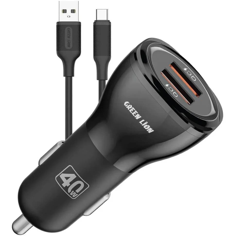شارژر فندکی دو پورت گرین لاین مدل Dual ظرفیت ۴۰ وات همراه کابل USB-A به Type-C