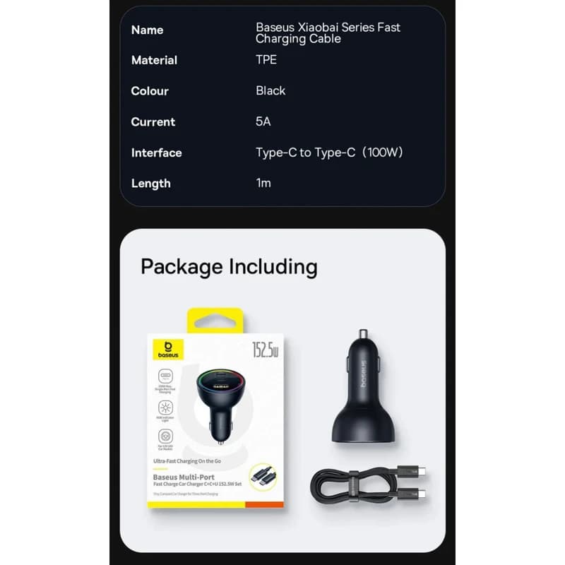 شارژر فندکی 152.5 وات بیسوس مدل C00036101111-00 به همراه کابل USB-C — تصویر ۵