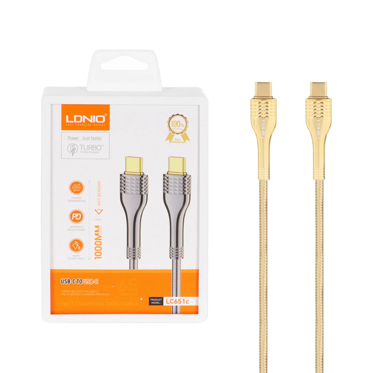 کابل شارژ فست LDNIO Type-C To Type-C مدل LC651c 65W – طلایی