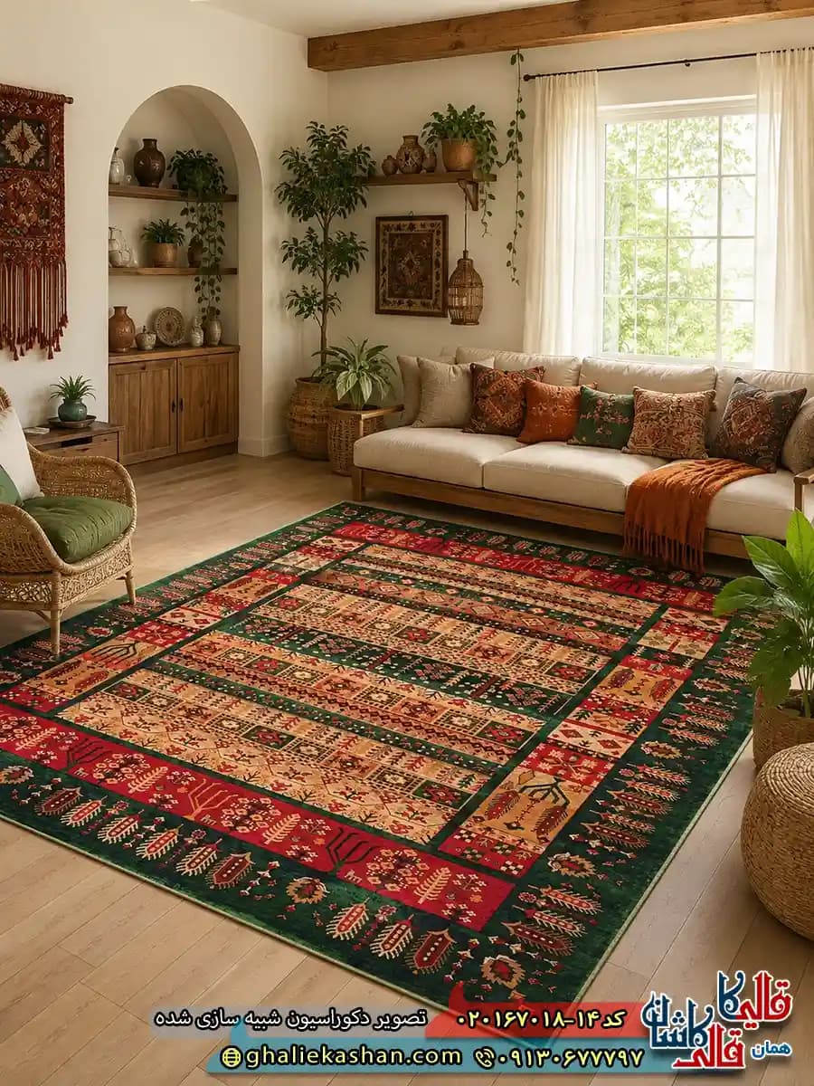 فرش سنتی 700 شانه طرح قشقایی نوش گل رنگ سبز کاشان