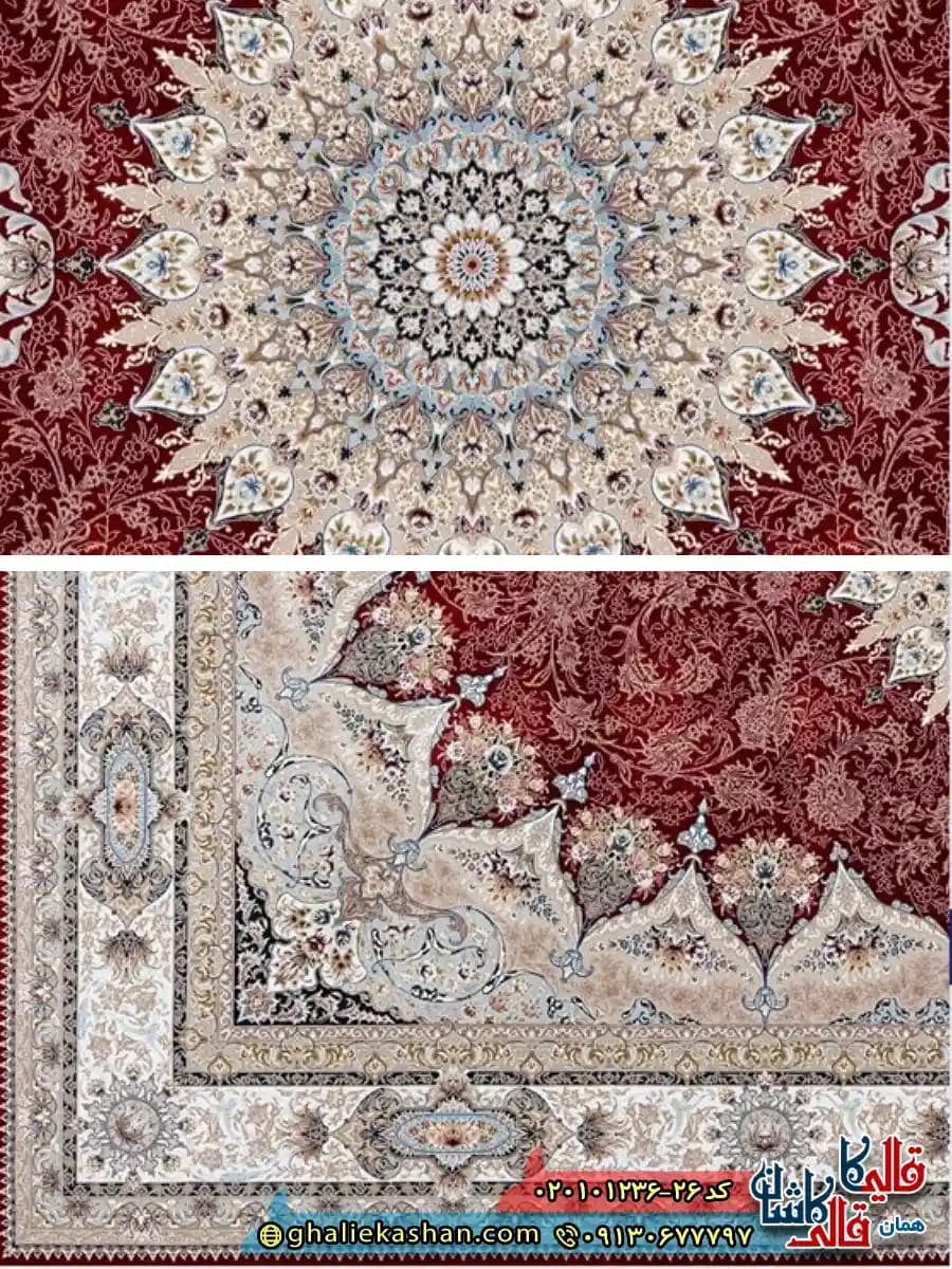فرش 1200 شانه طرح دل آویز رنگ قرمز لاکی کاشان — تصویر ۳