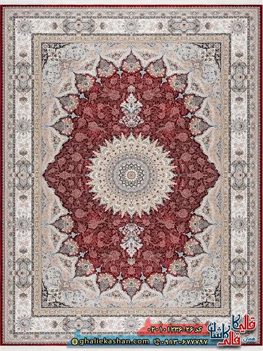فرش 1200 شانه طرح دل آویز رنگ قرمز لاکی کاشان — تصویر ۲