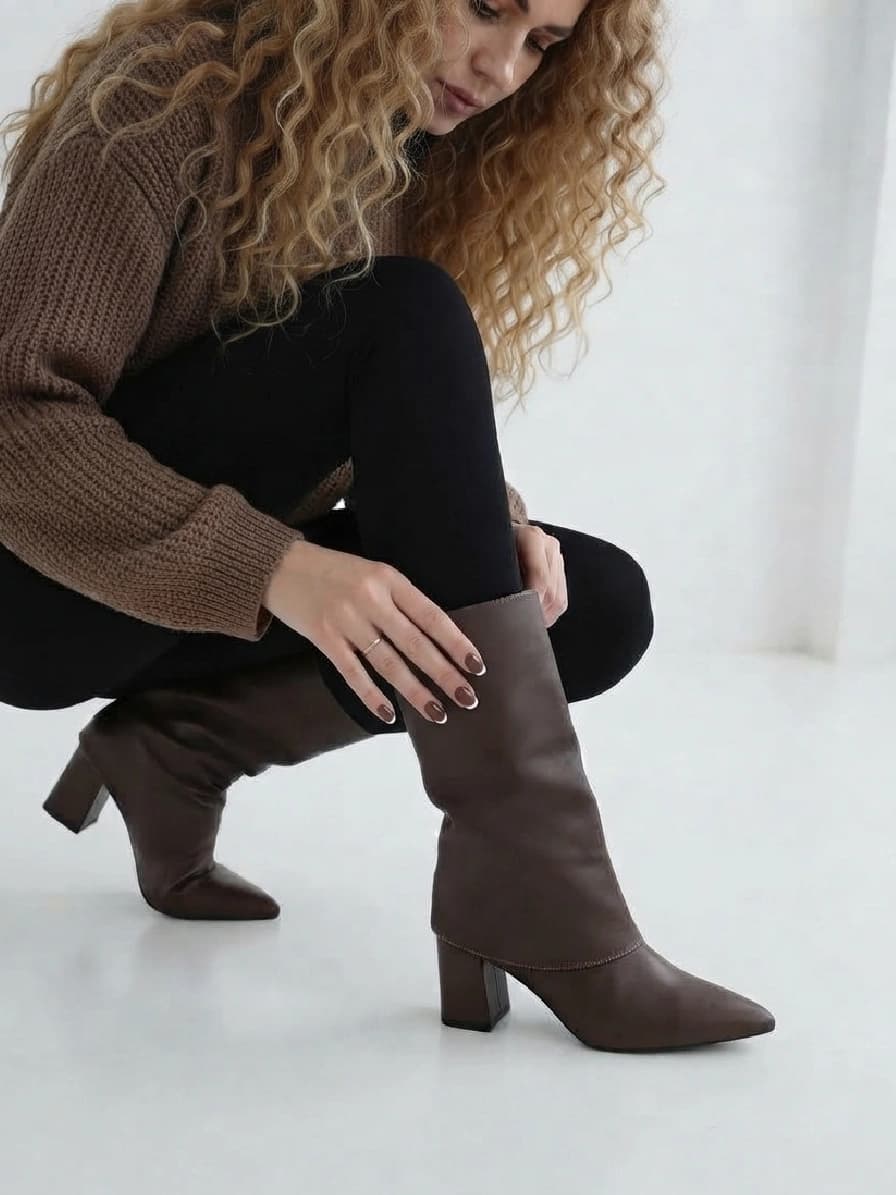 بوت زنانه قهوه‌ای ساق‌دار با پاشنه پهن — تصویر ۵