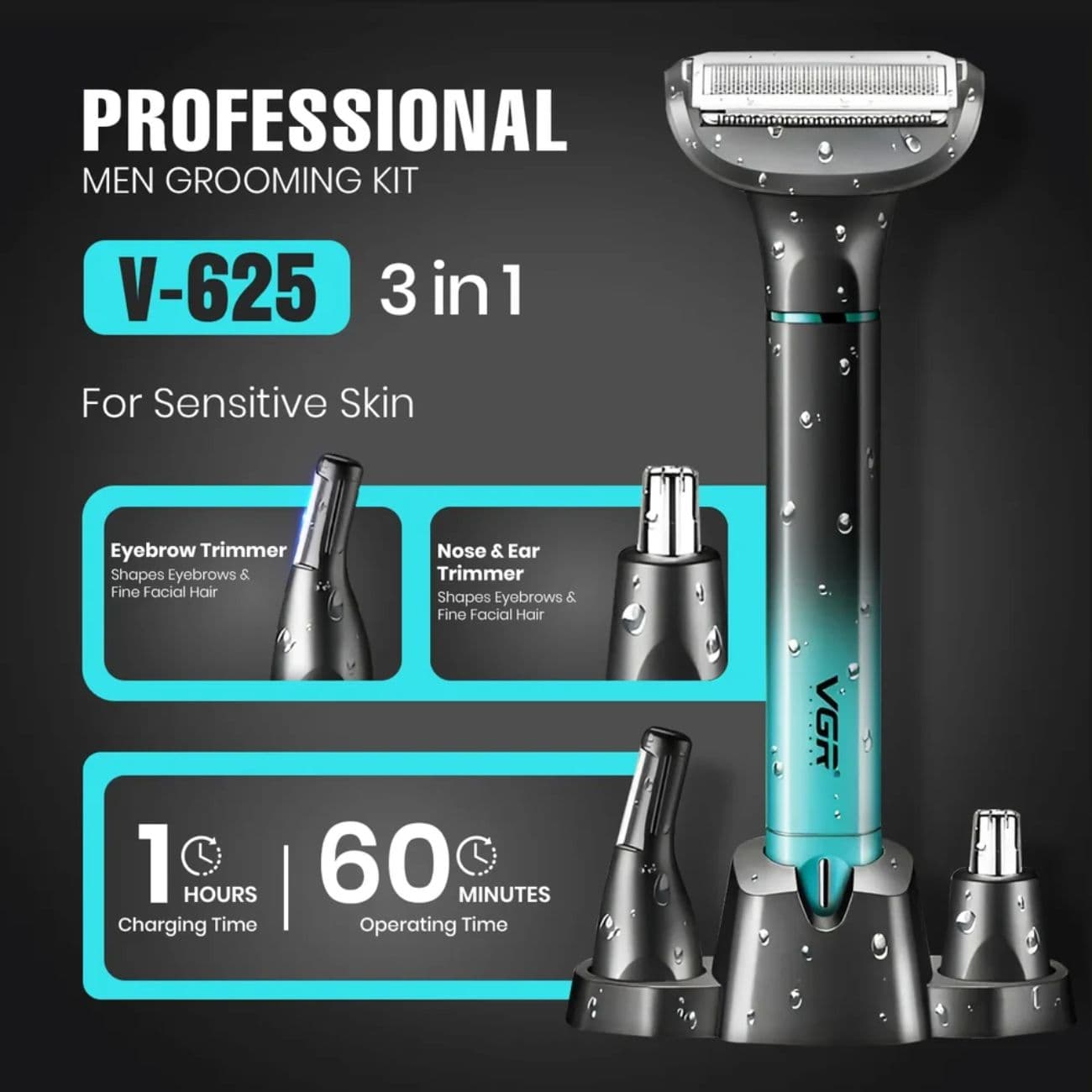 ماشین اصلاح بدن سه کاره وی جی آر VGR مدل V-625 ضد آب شارژی — تصویر ۵
