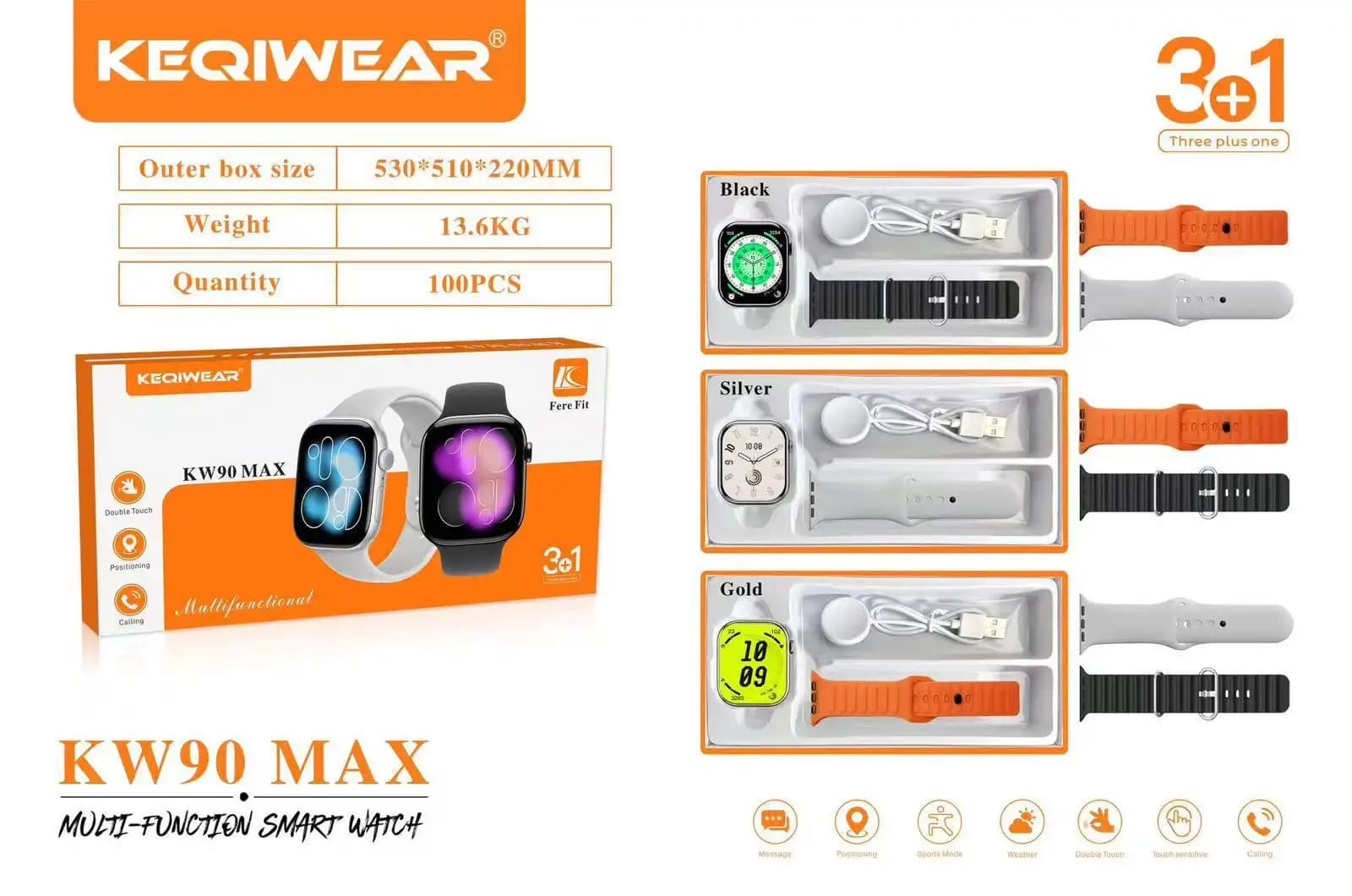 ساعت هوشمند KEQIWEAR KW90 Max با بند سیلیکونی و بدنه فلزی و دارای سه بند