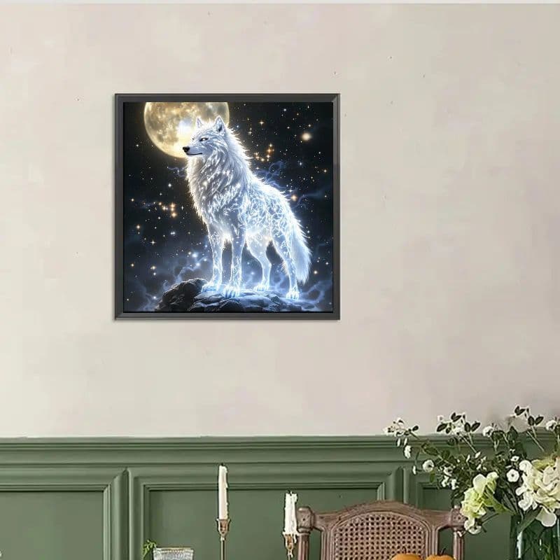 نقاشی الماسی بزرگسال گرگ سفید درخشان و ماه – سایز 50*50 (تمامنگین) — تصویر ۴