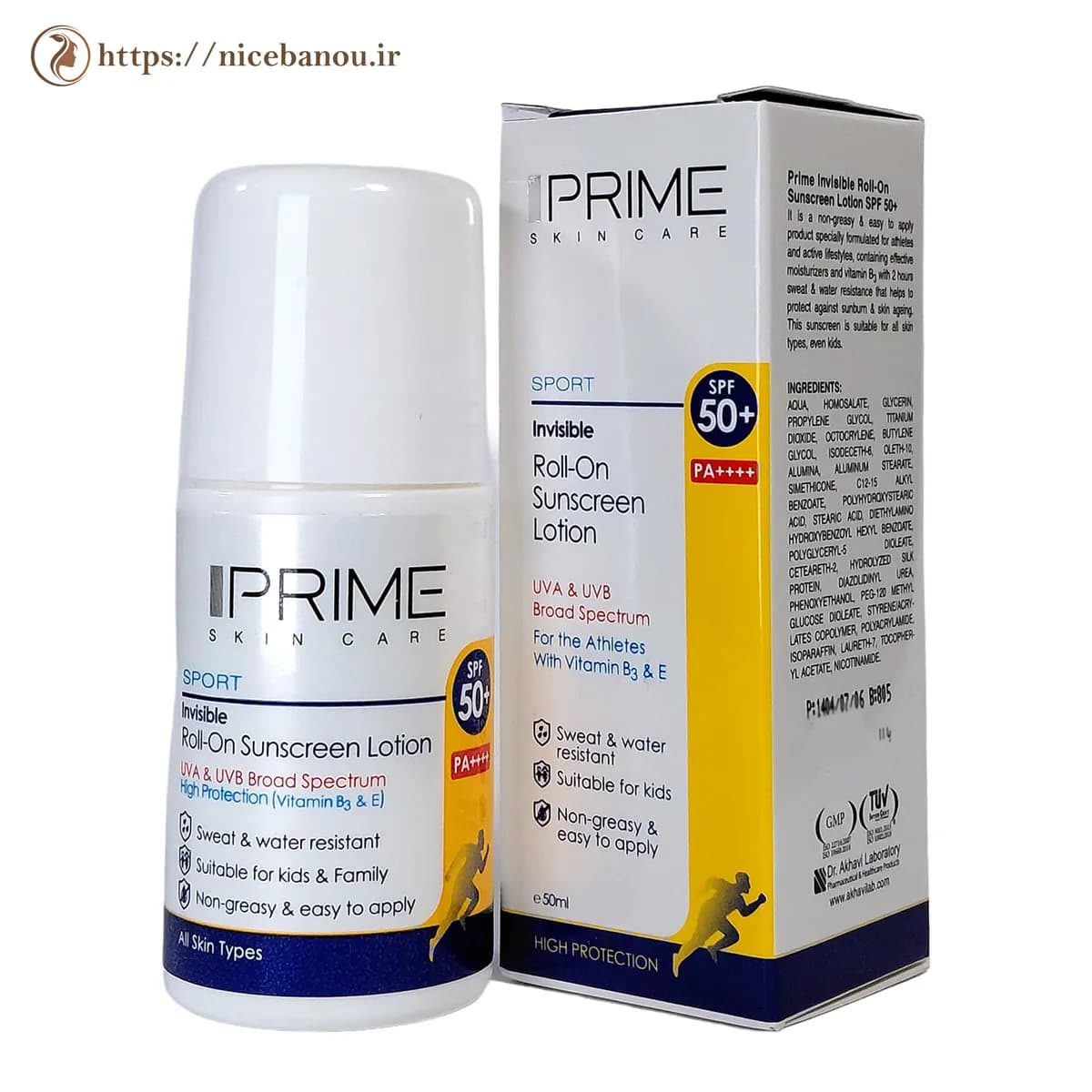 لوسیون ضد آفتاب رول‌آن بی‌رنگ پرایم مدل Sport SPF50+ حجم ۵۰ میلی‌لیتر