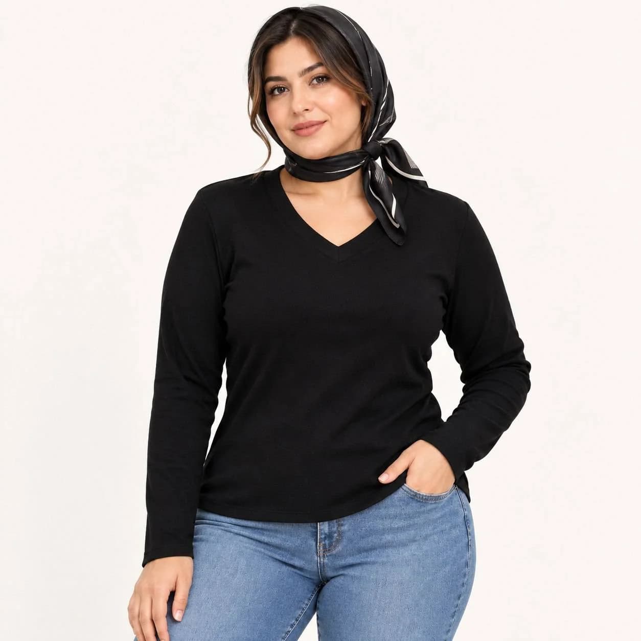 تیشرت آستین بلند زنانه جنس کبریتی سایز پلاس یقه گرد و یقه هفت کد198 — تصویر ۲