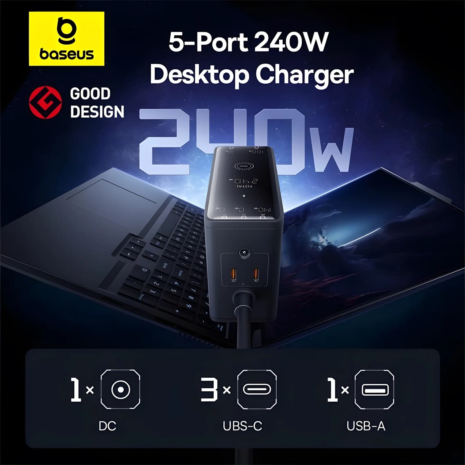شارژر رومیزی 240 وات بیسوس مدل B-P101 240W — تصویر ۳