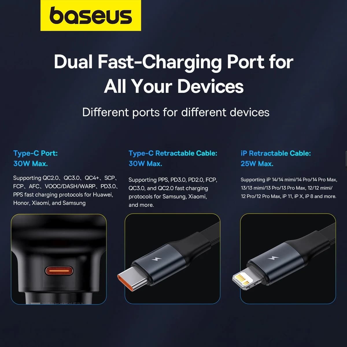 شارژر فندکی 60 وات بیسوس مدل Retractable به همراه کابل USB-C — تصویر ۴