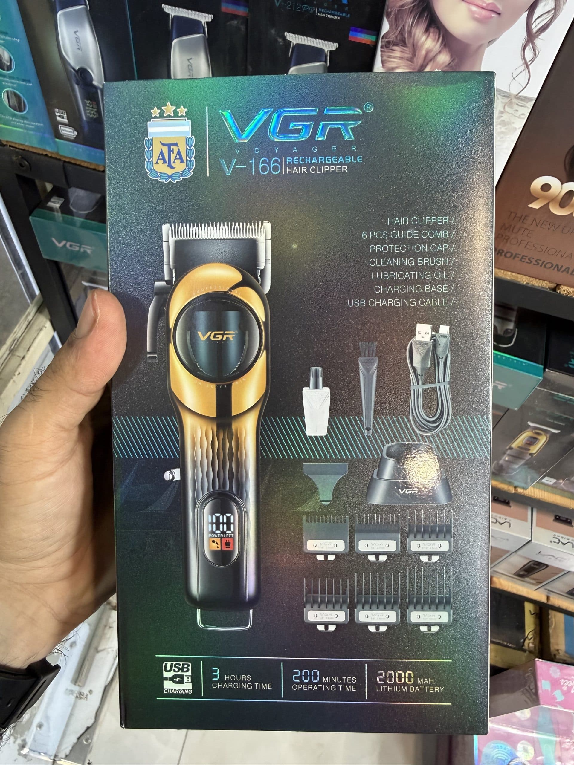 ماشین اصلاح سر و صورت شارژی وی جی آر مدل VGR V-166 با تیغه‌ی استیل و باتری ۲۰۰۰ میلی‌آمپر اورجینال (عمده و تک)