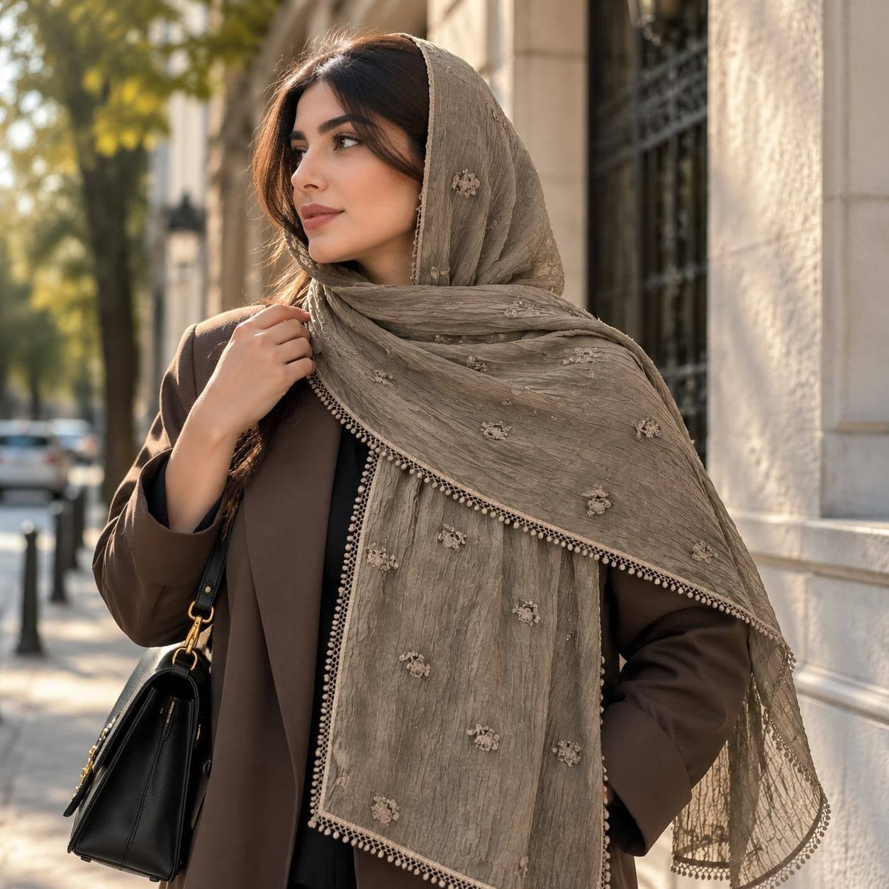 شال وارداتی حریر سنگشور پلیسه طرح گل بابونه با لبه موشی — تصویر ۴