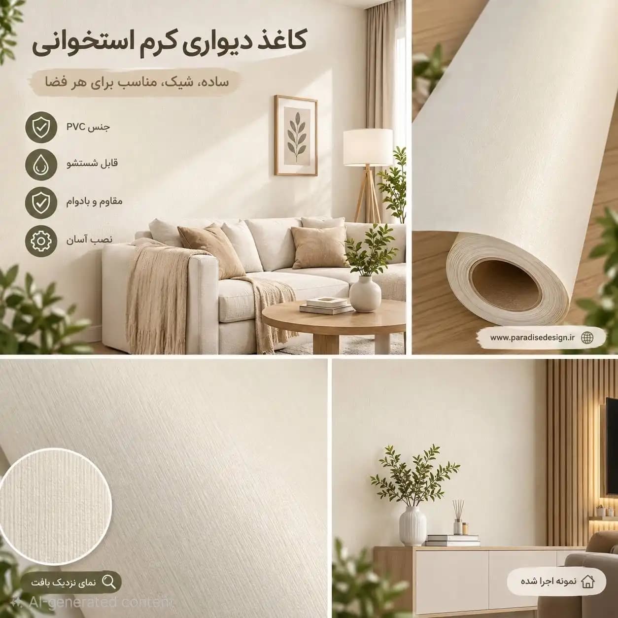 کاغذ دیواری کرم استخوانی بافت‌دار کد ۷۱۵۳۴۸
