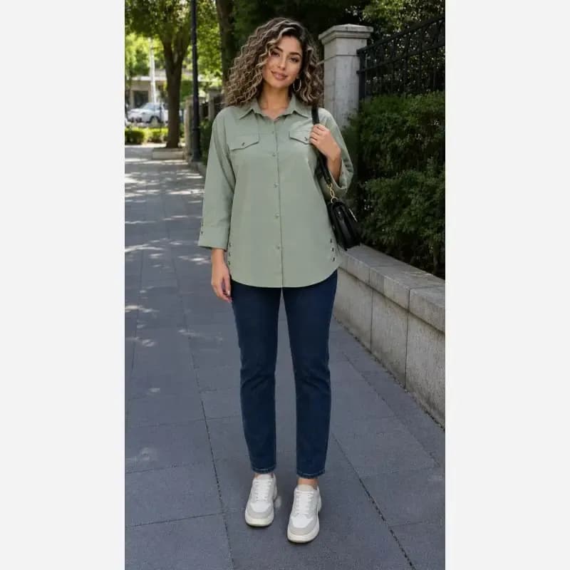 مانتو کتان بغل دکمه ژینا کتان کش اعلا فری سایز — تصویر ۴