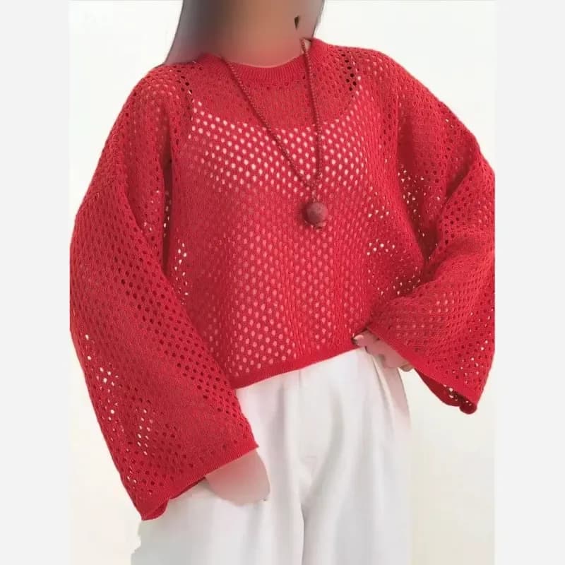 کراپ قلاب بافت پاییزه شراگ بافت اکریل درجه یک رنگ اناری روشن فری سایز — تصویر ۲