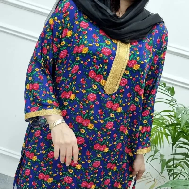 پیراهن ساحلی گلدار یقه طلا کوب سوپر نخ اعلا فری سایز — تصویر ۵