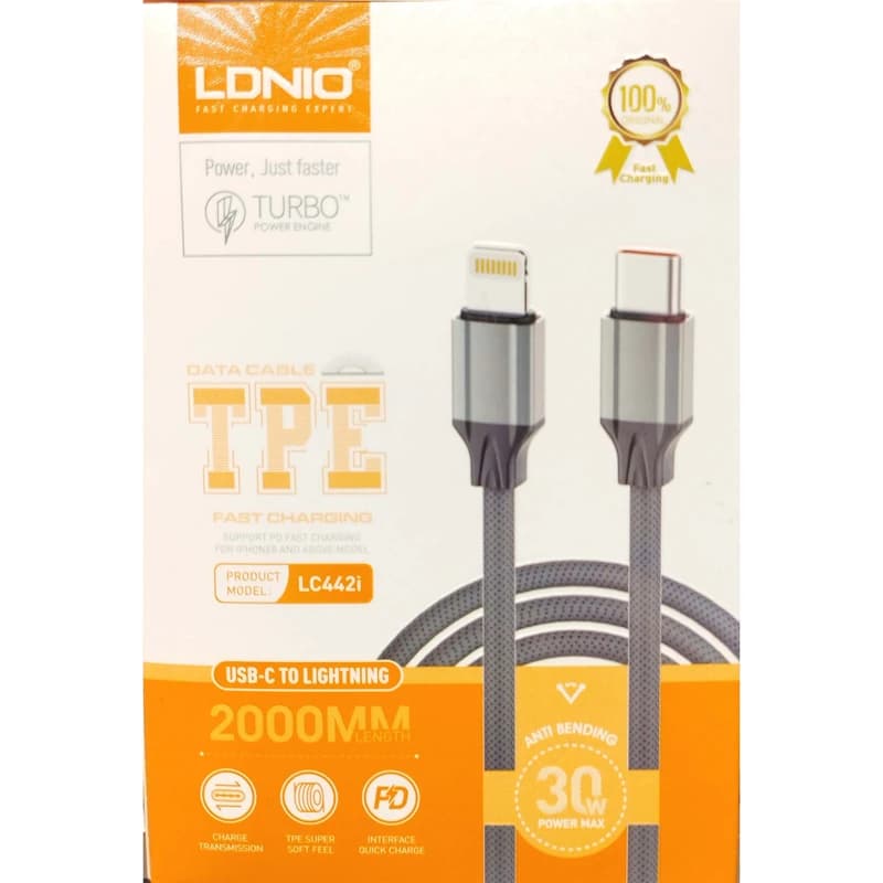 کابل شارژ تایپ سی به لایتنینگ 30W الدینیو مدل LC442i طول 2 متر — تصویر ۳