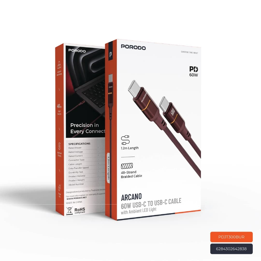 کابل USB-C به USB-C پرودو Arcano با توان 60 وات و نور LED PDJT300BUR — تصویر ۳