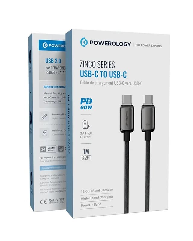 کابل 100 سانتی متر USB C به USB C پاورولوژی Powerology Zinco Series USB-C to USB-C PWDC240DGY — تصویر ۲